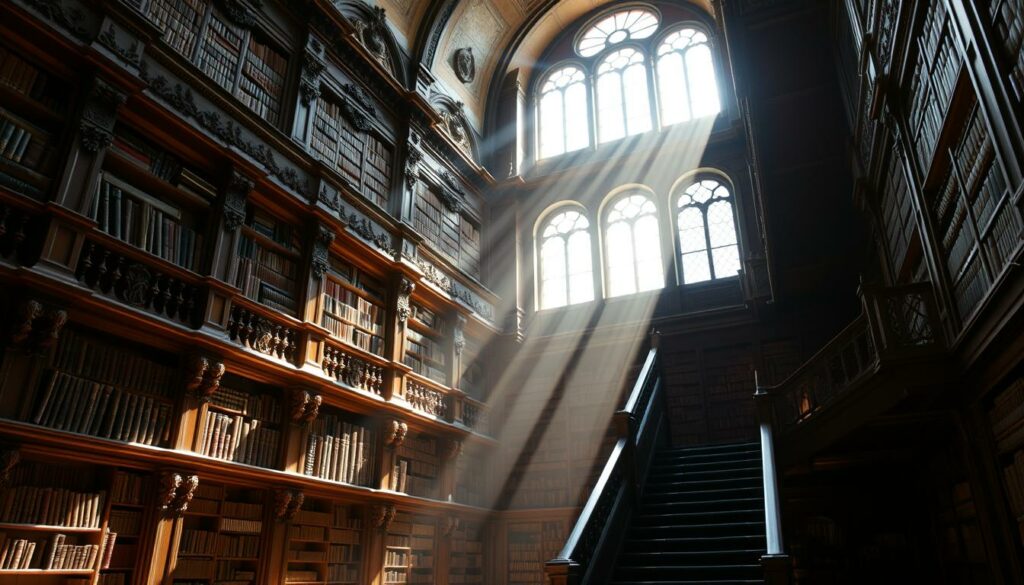 A majestic, old-world library nestled within the historic walls of the University of Coimbra. The Biblioteca Joanina stands tall, its ornately carved baroque facade and rich timber interior exuding an aura of academic grandeur. Sunlight streams through tall arched windows, casting a warm glow over the intricate woodwork and countless volumes lining the shelves. Leather-bound books gleam, whispering secrets of centuries past. The library feels alive, a tangible embodiment of Coimbra's storied intellectual heritage. Stately staircases wind upwards, leading to hidden alcoves and reading nooks where students immerse themselves in contemplation. This is the heart of the university, a place of profound knowledge and timeless inspiration.