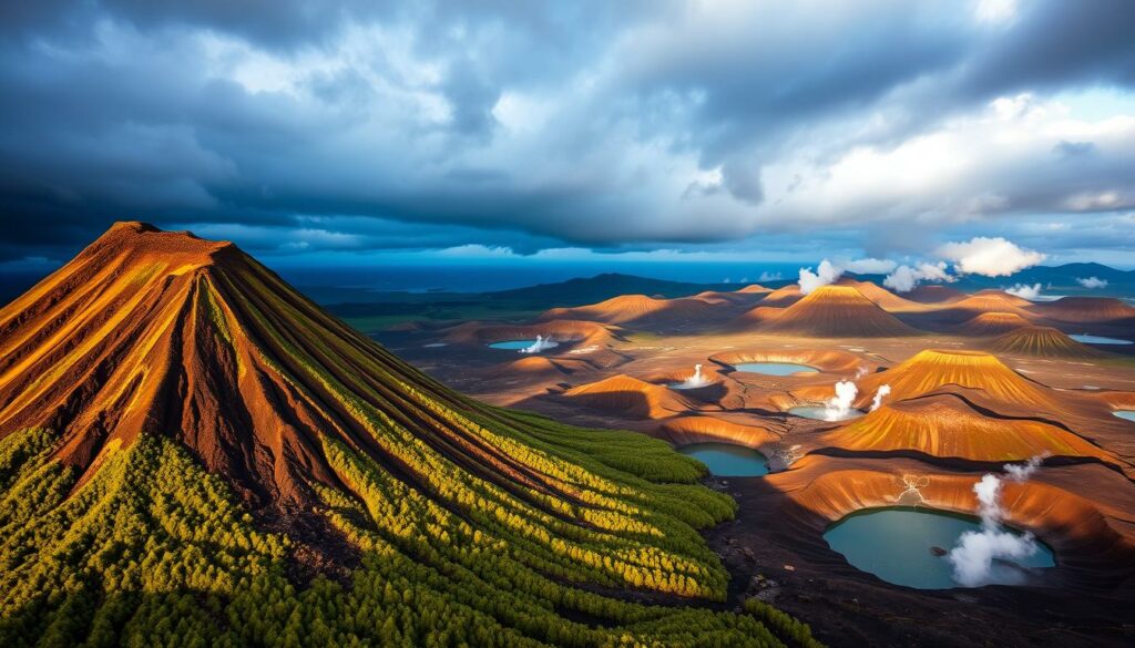 A majestic volcanic landscape on the island of Terceira, Azores. In the foreground, a towering volcanic cone rises from lush, verdant forests, its slopes dotted with dramatic lava flows and craggy rock formations. In the middle ground, rolling hills undulate, revealing a network of serene volcanic lakes and steaming geothermal vents. The background is dominated by a dramatic, stormy sky, with swirling clouds casting dramatic shadows across the scene. The lighting is natural and dynamic, with warm, golden tones illuminating the volcanic features and the cool, blue tones of the lakes and sky creating a sense of balance. The composition is designed to showcase the awe-inspiring power and natural beauty of Terceira's volcanic wonders.