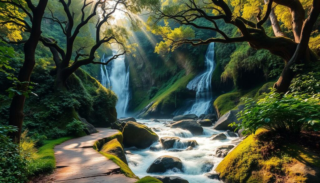 A majestic waterfall cascades down a lush, verdant ravine in the heart of Madeira's ancient laurel forest. Sunlight filters through the canopy, casting a warm, golden glow over the scene. In the foreground, a winding levada path leads the viewer deeper into this enchanted, primeval landscape, inviting exploration. The cascading water rushes over weathered rock formations, creating a soothing, ambient soundtrack. Towering laurel trees line the banks, their twisted trunks and gnarled branches adding a sense of timeless, untamed beauty. The overall atmosphere is one of tranquility, wonder, and a profound connection to the natural world.