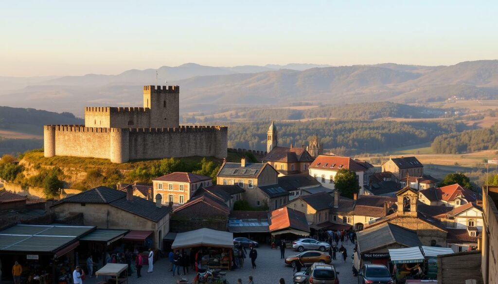 A medieval fortified town nestled on a hilltop, Festung Almeida stands tall and proud against the sweeping landscape. The impressive stone walls and towers, illuminated by a warm, golden light, cast long shadows across the cobblestoned streets below. In the foreground, a bustling market scene unfolds, with vendors and townsfolk going about their daily lives. The middle ground reveals the ornate architecture of the town's historic churches and public buildings, while the background showcases the rolling hills and lush, verdant forests that surround this picturesque fortress. An air of history and resilience permeates the scene, inviting the viewer to imagine the stories that have unfolded within Almeida's storied walls.