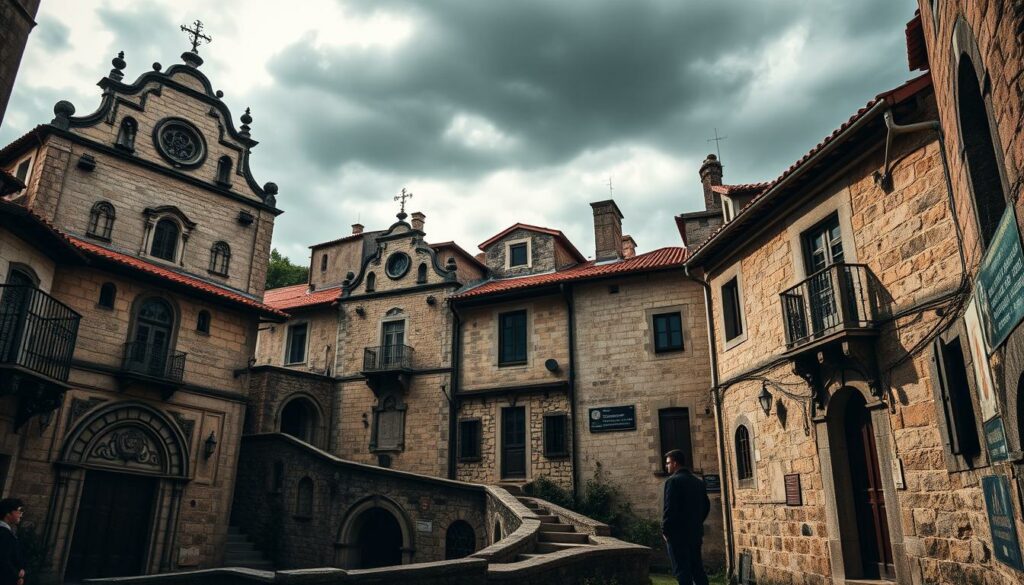 A medieval village nestled in the heart of Portugal, Sortelha's architectural gems shine with timeless allure. Capture the essence of this historic wonder - grandiose stone facades adorned with ornate arches and intricate carvings, set against a moody, overcast sky. Sunlight filters through narrow, winding streets, casting dramatic shadows upon the weathered walls. In the foreground, a solitary figure stands in contemplation, their silhouette a testament to the enduring spirit of this enchanting place. Rendered with an oil painting-like quality, this image transports the viewer to a bygone era, where the past and present coexist in harmonious balance.