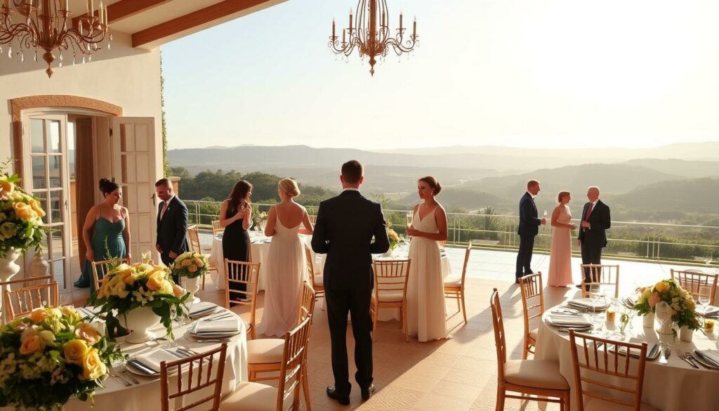 A meticulously planned wedding scene unfolds in a picturesque Portuguese villa. In the foreground, a team of professional wedding planners finalize intricate floral arrangements and elegant table settings, their attention to detail evident. The middle ground reveals an expansive, sun-drenched terrace overlooking lush gardens and rolling hills in the distance. Soft, warm lighting filters through large windows, casting a serene, romantic ambiance. Couples mingle, enjoying champagne and hors d'oeuvres as they admire the stunning venue. A sense of joyful anticipation permeates the air, capturing the essence of "Professionelle Hochzeitsplanung" - a beautifully curated, stress-free wedding experience.