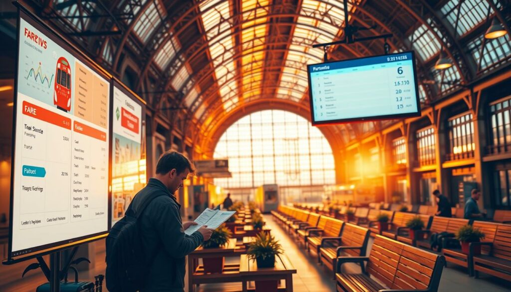 A modern train station with a stylized illustration of a train schedule and fare information displayed on a large digital screen. The station is bathed in warm, golden lighting, creating a cozy and inviting atmosphere. In the foreground, a traveler stands, studying a train timetable and budget planning documents. The mid-ground features rows of wooden benches and potted plants, giving the scene a sense of comfort and practicality. The background showcases the stunning architecture of the station, with high ceilings, intricate metalwork, and large windows offering glimpses of the city outside. The overall composition conveys the idea of planning and budgeting for a relaxed, efficient train journey. A modern train station with a stylized illustration of a train schedule and fare information displayed on a large digital screen. The station is bathed in warm, golden lighting, creating a cozy and inviting atmosphere. In the foreground, a traveler stands, studying a train timetable and budget planning documents. The mid-ground features rows of wooden benches and potted plants, giving the scene a sense of comfort and practicality. The background showcases the stunning architecture of the station, with high ceilings, intricate metalwork, and large windows offering glimpses of the city outside. The overall composition conveys the idea of planning and budgeting for a relaxed, efficient train journey.