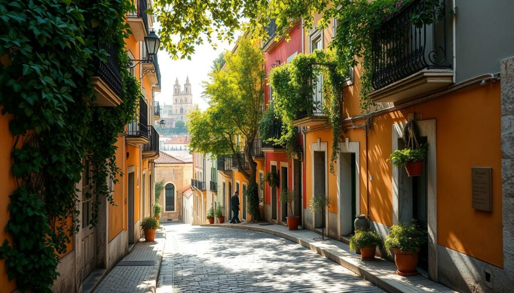 A narrow cobblestone alley winds through the historic heart of Lisbon, flanked by colorful, centuries-old buildings with wrought-iron balconies. Lush vines and potted plants spill over the walls, casting dappled shadows across the uneven pavement. Sunlight filters through a canopy of leafy trees, illuminating the scene with a warm, golden glow. In the distance, glimpses of the city's iconic red-tiled roofs and church spires can be seen, hinting at the hidden gems that await just around the next turn. This tranquil, off-the-beaten-path passage invites the explorer to slow down, savor the local charm, and discover the enchanting, lesser-known corners of Lisbon.