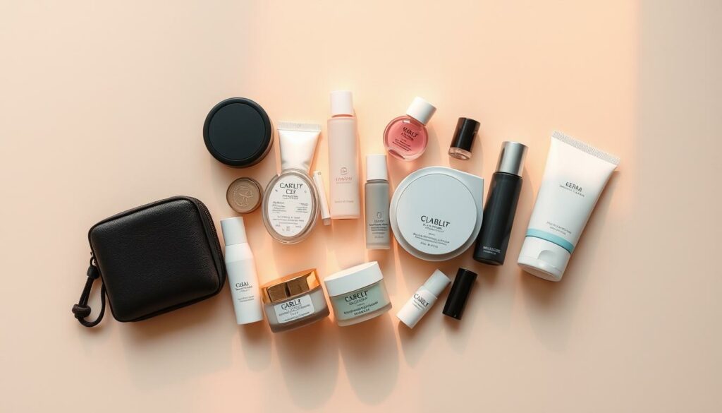 A neatly arranged assortment of compact, travel-sized cosmetic and skincare products resting on a minimalist, neutral-toned background. The items are illuminated by warm, diffused lighting, casting soft shadows and highlighting the textures and materials. The composition emphasizes the portability and convenience of these essentials, conveying a sense of effortless organization and preparedness for a journey. The overall mood is one of simplicity, efficiency, and a focus on the practical needs of the modern traveler.