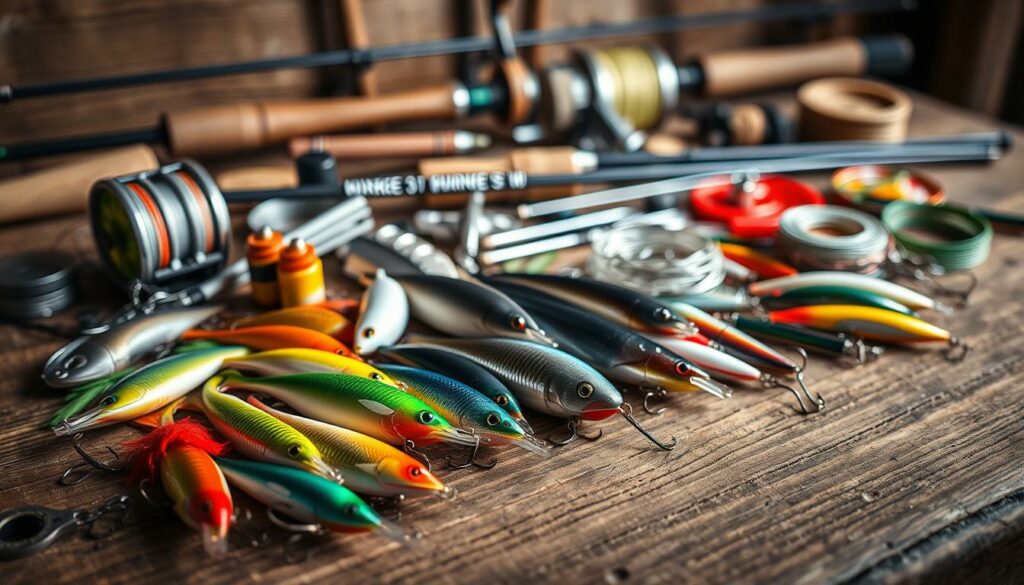 A neatly arranged display of fishing lures, hooks, and other essential angling equipment rests on a rustic wooden surface. The foreground features an assortment of vibrant, lifelike lures in various shapes and sizes, with attention to their realistic textures and details. In the middle ground, a variety of fishing rods, reels, and lines are carefully laid out, showcasing the necessary tools for a successful day of fishing. The background is softly blurred, creating a sense of depth and focus on the central elements. The overall composition is well-balanced, with a warm, natural lighting that enhances the earthy tones and highlights the quality of the fishing gear, conveying a sense of professionalism and expertise.