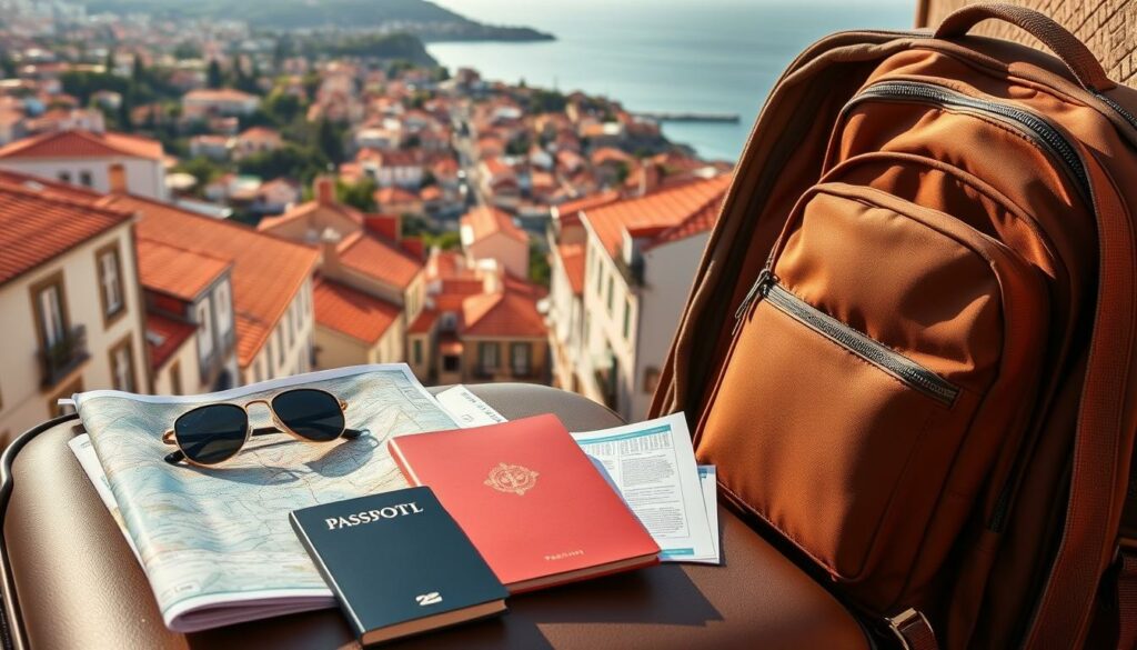 A neatly organized suitcase, backpack, and travel accessories lie against a backdrop of a Portuguese cityscape. The foreground features an array of practical items - a folded map, a passport, sunglasses, travel documents, and a compass - hinting at the upcoming Portugal adventure. The middle ground showcases a cozy, cobblestone street lined with charming buildings, conveying the quaint, historic ambiance of the destination. The background reveals a picturesque panorama of rolling hills, terracotta rooftops, and a glimpse of the sparkling ocean, evoking the natural beauty of Portugal. The scene is illuminated by warm, golden light, creating a inviting, adventurous mood.