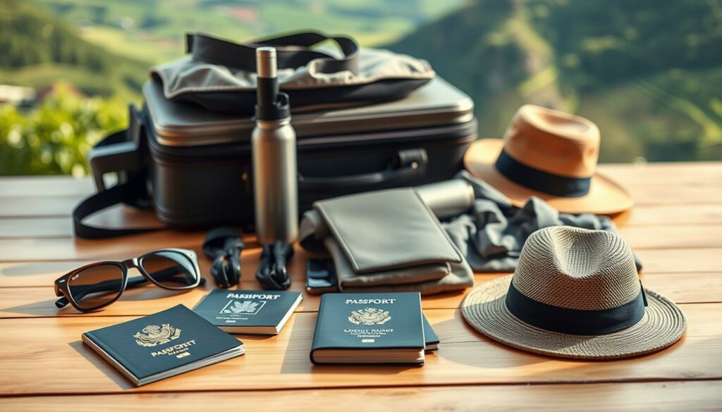 A neatly organized travel packing list, displayed on a wooden surface with a soft, natural lighting. In the foreground, various essential items are laid out, including a passport, sunglasses, a hat, and a travel document holder. In the middle ground, a suitcase or backpack rests, surrounded by smaller accessories like a reusable water bottle, a compact umbrella, and a lightweight jacket. The background features a subtle, blurred scene of a lush, green landscape, suggesting the destination of the upcoming trip to Madeira in July. The overall composition conveys a sense of preparedness, organization, and the anticipation of a pleasant summer vacation.