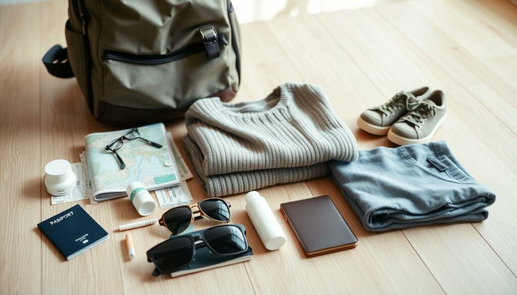 A neatly organized travel packing list, laid out on a light-colored wooden surface. In the foreground, various essential items are displayed, such as a passport, sunglasses, toiletries, and a map. The midground features folded clothing items, including a cozy sweater, a lightweight jacket, and comfortable walking shoes. In the background, a large travel backpack or suitcase stands upright, suggesting the prepared traveler. The lighting is soft and natural, creating a warm, inviting atmosphere. The overall composition conveys a sense of thoughtful preparation and the excitement of an upcoming journey.
