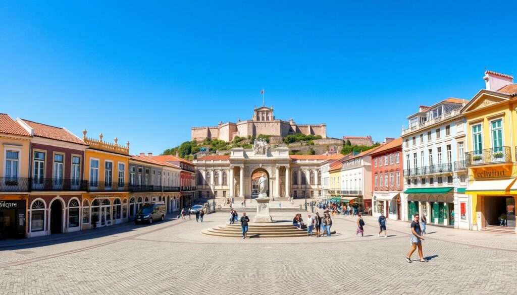 A panoramic view of the iconic landmarks of Lisbon, Portugal, captured with a wide-angle lens on a bright, sunny day. In the foreground, the colorful tiled facades of traditional buildings line the charming cobblestone streets, inviting exploration. The middle ground features the majestic Praça do Comércio, its grand Triumphal Arch and statues casting long shadows. In the background, the imposing Castelo de São Jorge sits atop a hill, overlooking the city and the Tagus River below. The scene exudes a vibrant, historic atmosphere, capturing the essence of Lisbon's most captivating sights during a guided tour.