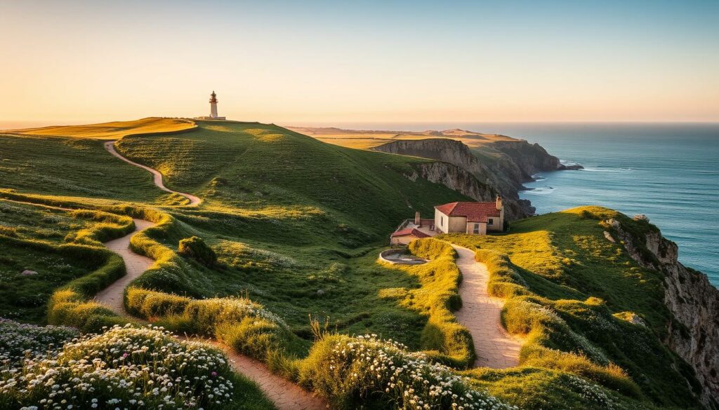 A peaceful coastal hiking trail winding through the rugged landscapes of Portugal's Alentejo region. Lush green hills dotted with wildflowers roll down to dramatic cliffs overlooking the azure Atlantic. The Rota Vicentina Wanderroute follows ancient footpaths, leading trekkers through quaint fishing villages and past hidden coves. Warm afternoon sunlight casts a golden glow, highlighting the weathered stone walls and terracotta rooftops. In the distance, a lone lighthouse stands watch over the windswept shores. The scene evokes a sense of tranquility and adventure, inviting the viewer to explore this unspoiled corner of Southern Europe.