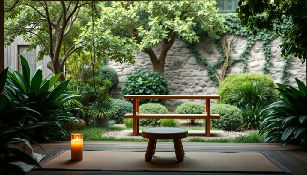 A peaceful, minimalist retreat surrounded by lush greenery. In the foreground, a serene, candlelit meditation area with a cushioned mat and a simple wooden stool. Soft, diffused lighting casts a warm glow, creating a tranquil atmosphere. In the middle ground, a wooden bench overlooking a serene garden, with mature trees and flowing shrubs. The background features a stone wall, partially obscured by climbing vines, suggesting a sense of timelessness and seclusion. The overall scene conveys a feeling of contemplation, renewal, and an escape from the outside world.