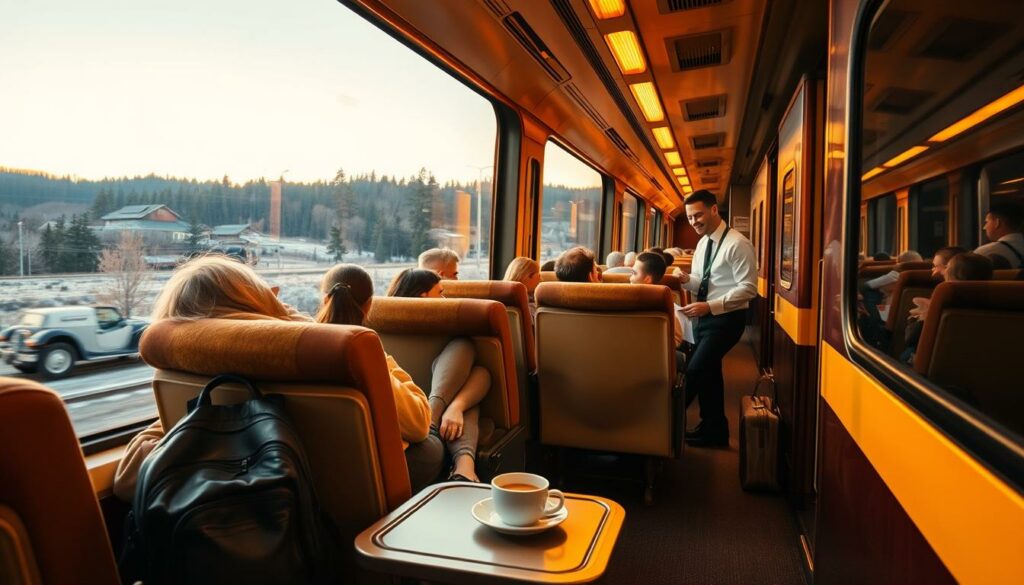 A peaceful train carriage at dusk, its warm amber lighting casting a cozy glow. Passengers relaxing in plush seats, gazing out at the scenic countryside beyond the large, frost-kissed windows. In the foreground, a traveler's backpack and a steaming cup of coffee sit on a small fold-down table, while in the middle ground, a conductor checks tickets with a friendly smile. The background features the train's sleek, modern exterior gliding smoothly through rolling hills and pine forests. An atmosphere of comfortable travel and anticipation for the journey ahead.