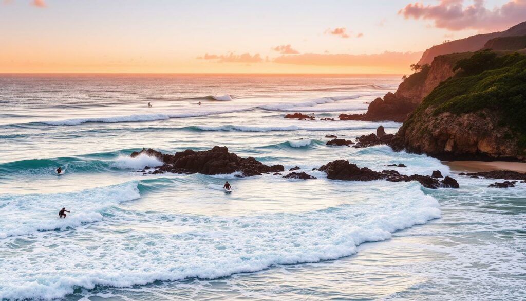 A picturesque Atlantic coastline with crashing waves, sandy beaches, and surfers riding the swells. In the foreground, a group of surfers navigating the powerful waves, their boards cutting through the turquoise waters. Farther out, additional surfers dot the horizon, silhouetted against the setting sun. The middle ground features a rugged, rocky shoreline with lush vegetation cascading down to the beach. In the background, a golden sunset paints the sky with vibrant hues of orange and pink, reflecting off the gently rolling waves. The scene is bathed in warm, soft lighting, evoking a sense of tranquility and adventure. Captured with a wide-angle lens to showcase the dramatic coastal landscape and the thrill of the surfing experience.