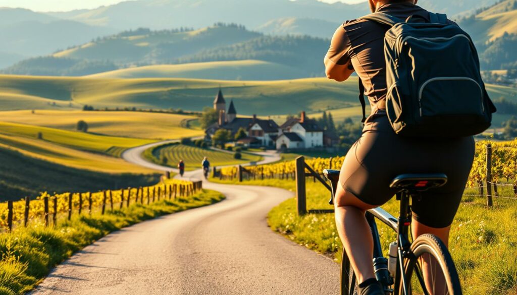 A picturesque European countryside scene, with rolling hills, lush green meadows, and a winding country road leading through the landscape. In the foreground, a cyclist rides a touring bicycle, dressed in cycling gear and carrying a small backpack. The cyclist is framed by the road, with the background featuring a quaint village with traditional architecture, surrounded by orchards and vineyards. The lighting is warm and golden, creating a serene and inviting atmosphere. The image conveys the joy and adventure of a leisurely bicycle tour through a charming rural region.