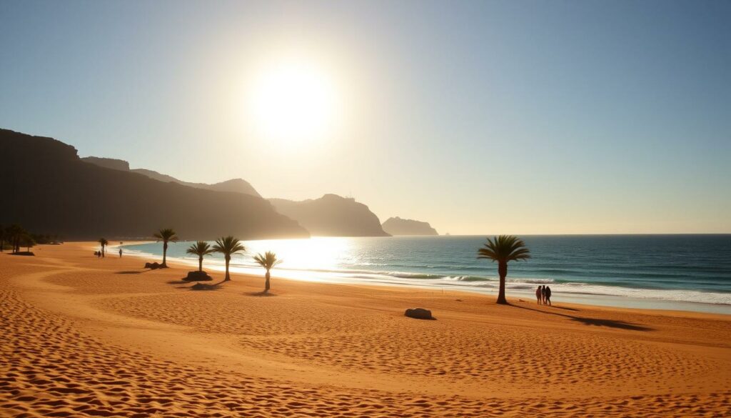A picturesque beach on the small island of Porto Santo, just off the coast of Madeira. The golden sands stretch out towards the turquoise waters of the Atlantic, with a few scattered palm trees providing a tropical touch. In the distance, rugged cliffs rise up, casting long shadows across the shore. The sun hangs low in the sky, casting a warm, golden glow over the entire scene. A few people can be seen strolling along the water's edge, enjoying the tranquil atmosphere. The overall mood is one of serene relaxation, perfectly capturing the off-season charm of this lesser-known Madeiran paradise.