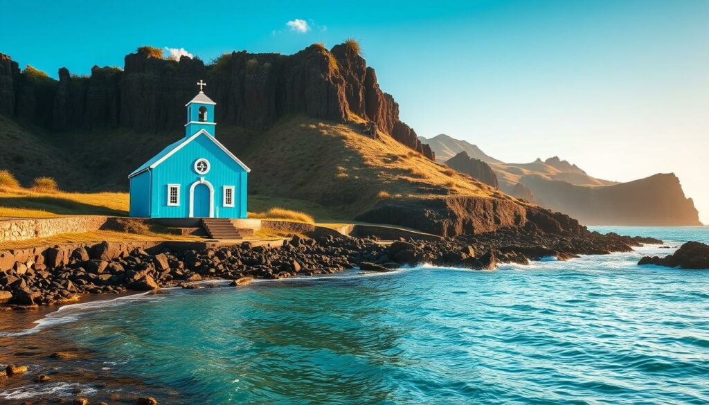 A picturesque blue chapel nestled by the serene Azorean coastline, its symmetrical architecture casting long, dramatic shadows in the warm afternoon light. The chapel's azure hue stands in striking contrast to the rugged, windswept cliffs and the calm, turquoise waters lapping at the shore. Carefully composed to highlight the chapel's architectural beauty and tranquil setting, the image evokes a sense of timeless serenity and a harmonious coexistence between man-made and natural elements.