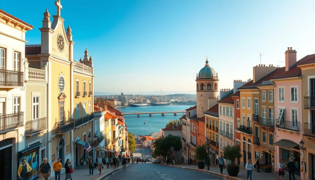 A picturesque cityscape of Lisbon in the golden glow of a June afternoon. In the foreground, charming pastel-colored buildings adorned with colorful tile facades and wrought-iron balconies line the cobblestone streets. People stroll leisurely, enjoying the mild, sunny weather. The middle ground features the iconic landmarks of Lisbon, such as the Jerónimos Monastery and the Belém Tower, standing proud against a clear blue sky. In the background, the Tagus River glistens, with sailboats and cruise ships dotting the horizon. The scene conveys a sense of vibrant, Mediterranean-inspired ambiance, ideal for a summertime visit to the Portuguese capital.