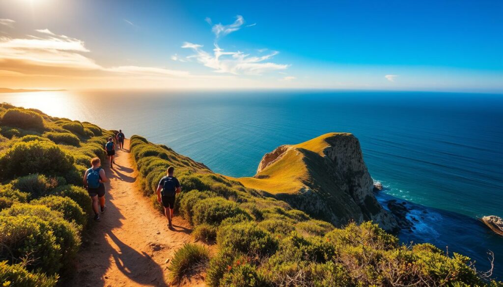 A picturesque coastal path winds along the rugged cliffs of Portugal's Alentejo region. The Fischerpfad (Fisherman's Trail) offers breathtaking views of the Atlantic Ocean, with dramatic rock formations, hidden coves, and quaint fishing villages dotting the shoreline. Hikers traverse this well-marked trail, their footsteps crunching on the packed earth as a gentle sea breeze ruffles the verdant vegetation. Warm, golden sunlight filters through wispy clouds, casting a serene glow over the scene. In the distance, the horizon blends the azure sky and the deep blue waters, creating a sense of tranquility and timelessness. This picturesque coastal path exemplifies the natural beauty and rugged charm of Portugal's Rota Vicentina hiking trail.