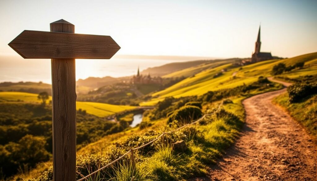 A picturesque coastal path winds through rolling green hills, leading pilgrims on the Camino Portugues. In the foreground, a wooden signpost points the way, its arrows guiding travelers. The middle ground features quaint stone villages nestled between lush forests and winding streams. In the distance, the iconic silhouettes of medieval churches and monasteries dot the horizon, their spires reaching skyward. Warm, golden sunlight bathes the scene, creating a serene and inviting atmosphere. The path invites contemplation and spiritual renewal, mirroring the journey of the pilgrims who have walked this route for centuries. A picturesque coastal path winds through rolling green hills, leading pilgrims on the Camino Portugues. In the foreground, a wooden signpost points the way, its arrows guiding travelers. The middle ground features quaint stone villages nestled between lush forests and winding streams. In the distance, the iconic silhouettes of medieval churches and monasteries dot the horizon, their spires reaching skyward. Warm, golden sunlight bathes the scene, creating a serene and inviting atmosphere. The path invites contemplation and spiritual renewal, mirroring the journey of the pilgrims who have walked this route for centuries.