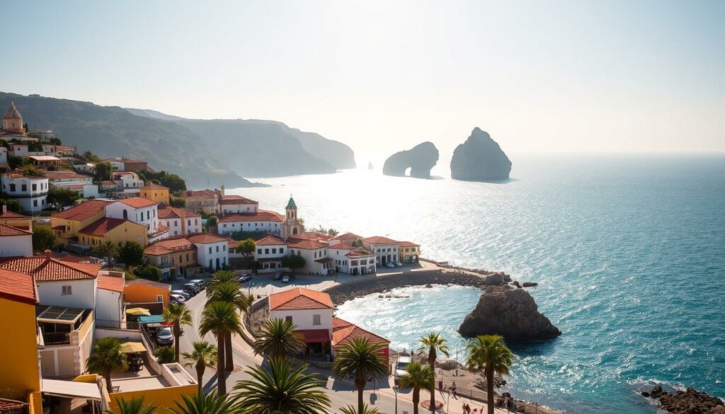 A picturesque coastal town along the Algarve region, with vibrant buildings and charming winding streets nestled between rugged cliffs and the sparkling azure waters of the Atlantic Ocean. In the foreground, a quaint seaside promenade lined with palm trees and local cafes. In the middle ground, the striking silhouettes of historic churches and whitewashed homes with terracotta rooftops. In the background, dramatic rock formations and a serene, sun-drenched sky. The scene is bathed in warm, golden light, capturing the idyllic, laid-back atmosphere of this stunning Portuguese destination.