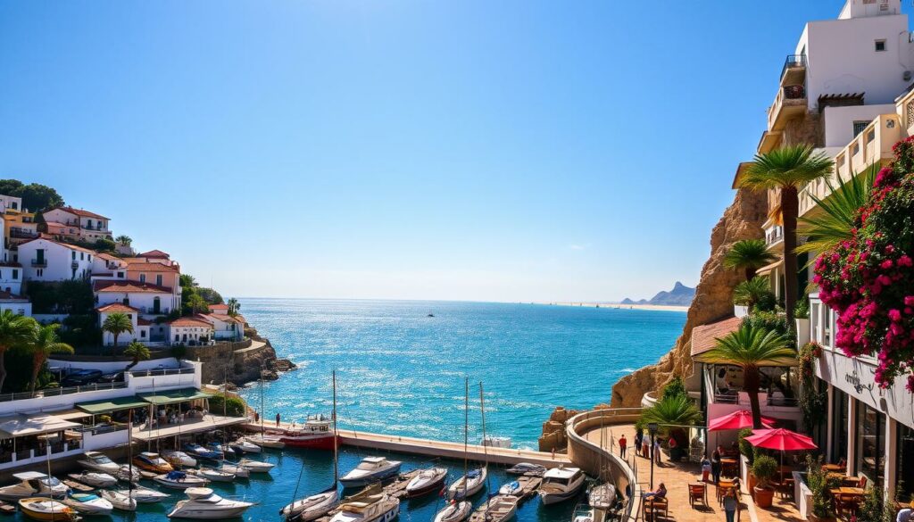 A picturesque coastal town in the Algarve region, bathed in warm Mediterranean light. In the foreground, a bustling harbor filled with colorful fishing boats and yachts. Along the promenade, cafes and restaurants with outdoor seating offer stunning views of the sparkling ocean. In the middle ground, whitewashed buildings with terracotta roofs cascade down the hillside, interspersed with lush palm trees and bougainvillea. In the distance, rugged cliffs and sandy beaches stretch out under a brilliant azure sky, inviting visitors to explore the region's natural beauty. The scene conveys a sense of tranquility and laidback charm, reflecting the Algarve's well-developed tourist infrastructure.
