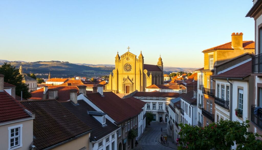 A picturesque coastal town nestled along the banks of the Limia River, Viana do Castelo offers a wealth of scenic Ausflugsziele (day trip destinations) to explore. In the foreground, quaint historic buildings and cobblestone streets invite visitors to wander. The middle ground features a stunning Manueline-style cathedral, its intricate stonework bathed in warm, golden afternoon light. Framing the scene, rolling hills and lush forests stretch out in the distance, hinting at the natural beauty that surrounds the town. The overall atmosphere is one of tranquility and timeless charm, perfect for a leisurely day trip to discover the charms of northern Portugal.
