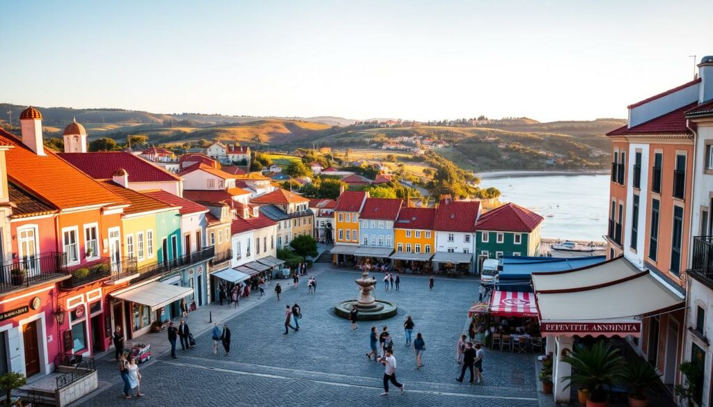 A picturesque coastal town nestled along the serene shores of Portugal, bathed in warm, golden sunlight. In the foreground, colorful traditional buildings line cobblestone streets, their vibrant facades reflecting the vibrant spirit of the locale. A tranquil plaza occupies the middle ground, where locals and tourists mingle, enjoying the laidback atmosphere and affordable prices. In the background, rolling hills and lush greenery create a serene, pastoral backdrop, hinting at the country's diverse natural beauty. The scene evokes a sense of relaxation, affordability, and the allure of an authentic Portuguese getaway.