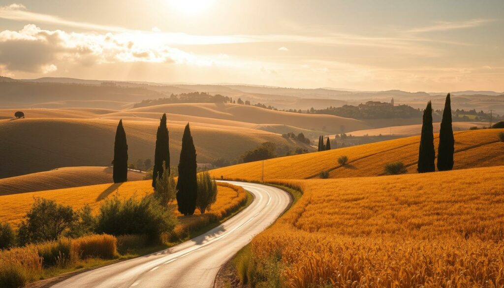 A picturesque countryside scene in the Alentejo region of Portugal during the ideal travel season. Rolling hills covered in lush, golden wheat fields stretch to the horizon, dotted with olive groves and vineyards. A winding country road leads through the pastoral landscape, framed by towering cypress trees. Warm, golden sunlight filters through wispy clouds, casting a soft, hazy glow over the serene setting. In the distance, the silhouettes of whitewashed villages and medieval castles dot the undulating terrain. An atmosphere of tranquility and timelessness pervades the scene, inviting the viewer to experience the slow, unhurried pace of life in this picturesque corner of Portugal.