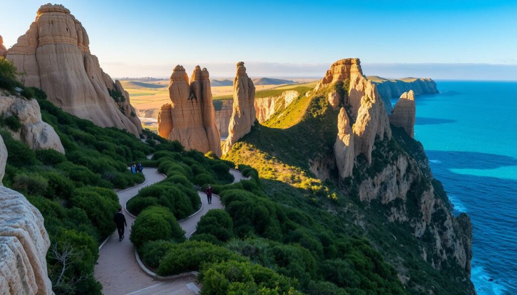 A picturesque hiking trail winds its way through the stunning Algarve region of Portugal, known as the "Percurso dos Sete Vales Suspensos" or "Wanderweg of the Seven Suspended Valleys". The trail hugs the dramatic cliffs, offering breathtaking views of the azure ocean below. Towering limestone formations, sculpted by the elements, rise up along the path, casting dramatic shadows in the warm, golden sunlight. Lush, verdant foliage lines the trail, creating a serene and tranquil atmosphere. Hikers traverse this enchanting landscape, taking in the natural beauty and serenity of this remarkable coastal destination.