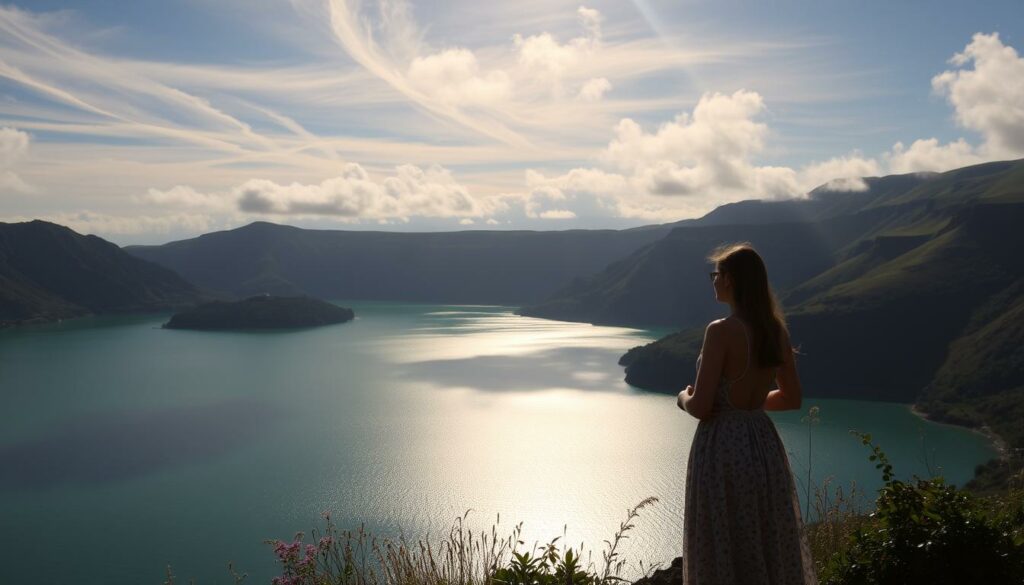 A picturesque lakeside landscape, the Sete Cidades crater filled with shimmering emerald and sapphire waters. In the foreground, two figures - a man and a woman - stand embracing, their faces illuminated by the soft, warm glow of the setting sun. Wispy clouds drift overhead, casting gentle shadows across the tranquil surface of the lake. In the distance, the verdant slopes of the crater rim rise up, creating a sense of enclosure and intimacy. The air is thick with the scent of wildflowers and the gentle lapping of the waves. A sense of timeless romance and melancholy permeates the scene, evoking the legendary tale of the "Tears of the Lovers" that gave birth to this breathtaking landscape.