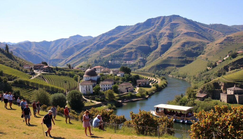 A picturesque landscape in the Douro Valley, Portugal, captured on a warm summer day. In the foreground, locals and visitors alike engage in a variety of activities, from hiking along the lush, rolling hills to enjoying a leisurely boat ride on the winding Douro River. The middle ground features quaint, historic buildings and terraced vineyards, their lush greenery contrasted by the vibrant hues of ripening grapes. In the background, the rugged, sun-drenched slopes of the Douro Valley rise majestically, creating a stunning backdrop for this scene of tranquil, outdoor leisure. The lighting is soft and golden, casting a warm, inviting glow over the entire tableau. The overall atmosphere is one of relaxation, exploration, and a deep appreciation for the natural beauty and rich cultural heritage of this renowned wine-producing region.