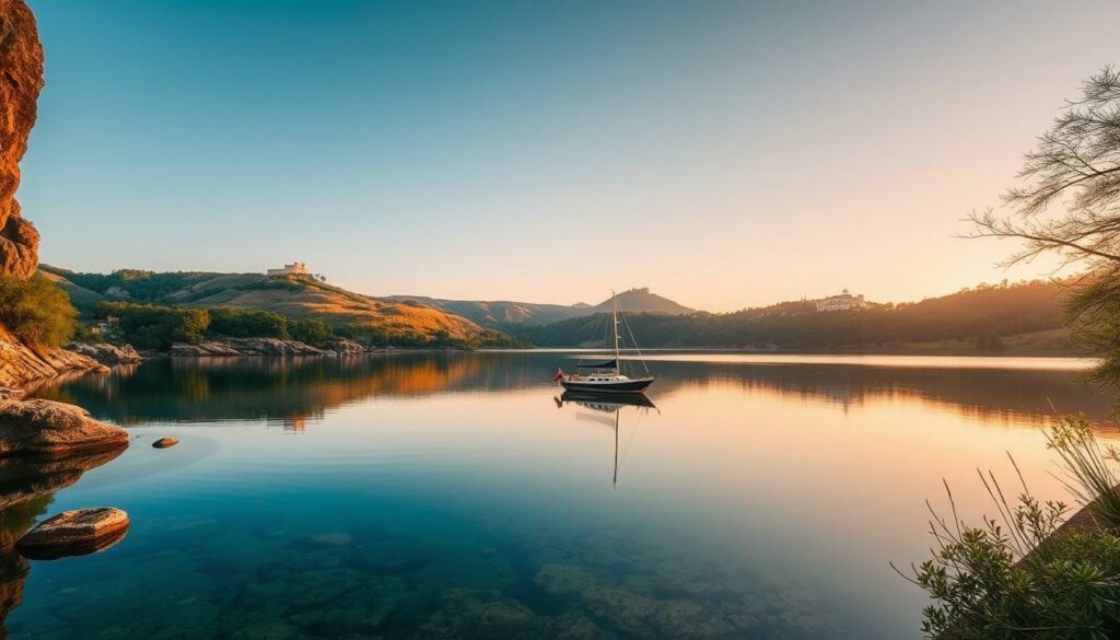 A picturesque landscape of the Alqueva Lake in Portugal, showcasing its serene beauty. In the foreground, a tranquil cove with crystal-clear waters reflecting the surrounding rocky cliffs and lush vegetation. In the middle ground, a small traditional fishing boat floats peacefully, its reflection mirrored in the still surface. The background features rolling hills dotted with olive groves and ancient castles, bathed in the warm glow of a golden hour sunset. The scene exudes a sense of timeless charm and relaxation, inviting the viewer to immerse themselves in the natural wonders of this remarkable region.