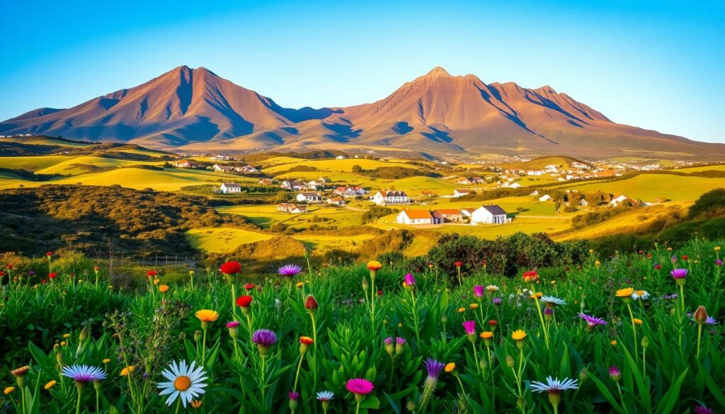 A picturesque landscape of the Azores archipelago, capturing the best time to visit for a sustainable vacation. A lush, verdant foreground with vibrant flora and fauna, including colorful wildflowers and endemic bird species. The middle ground showcases rolling hills, dotted with traditional white-washed houses and quaint villages, basking in the soft, golden light of the sun. In the background, majestic volcanic peaks rise up, their rugged silhouettes framed by a clear, azure sky. The overall scene exudes a serene, tranquil atmosphere, inviting the viewer to immerse themselves in the natural beauty and embrace the sustainable spirit of the Azores.