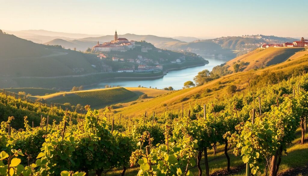 A picturesque landscape of the Douro Valley during its best travel season. In the foreground, lush vineyards cascade down rolling hills, their vines heavy with ripe grapes bathed in warm, golden sunlight. The middle ground features the winding Douro River, its tranquil waters reflecting the vibrant colors of the surrounding countryside. In the distance, charming historic towns and villages dot the hillsides, their traditional architecture and terracotta roofs creating a timeless, pastoral scene. The image is enhanced by a soft, hazy atmosphere and a gentle, natural lighting that emphasizes the serene, idyllic character of the Douro Valley in its prime visiting period.