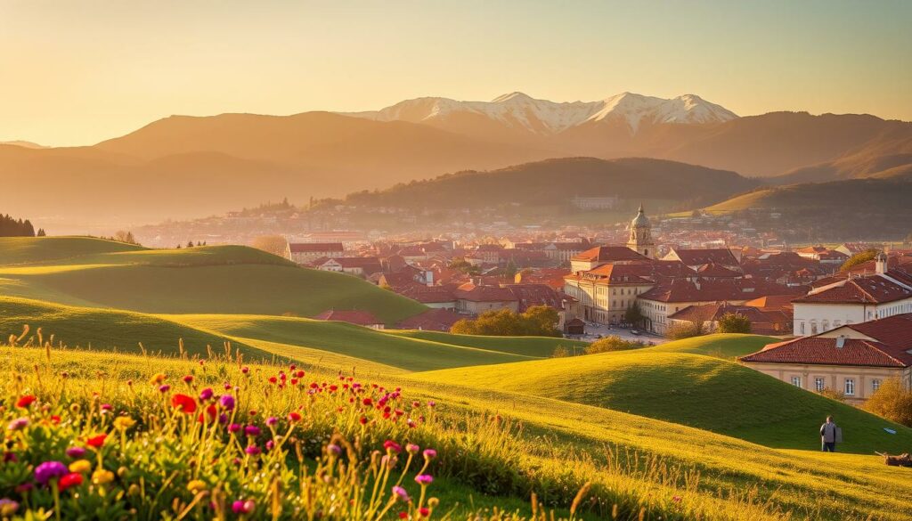 A picturesque landscape showcasing the best travel season in Braga, Portugal. In the foreground, lush rolling hills dotted with vibrant wildflowers sway in a gentle breeze. The middle ground features a charming historic town, its terracotta roofs and cobblestone streets bathed in warm, golden sunlight. In the distance, a dramatic mountain range rises, its peaks capped with a dusting of snow. The scene is illuminated by a soft, diffused natural lighting that enhances the serene, tranquil atmosphere. A slight hazy effect adds to the dreamy, idyllic quality of the image. The overall composition captures the essence of the ideal time to visit Braga, conveying a sense of timeless beauty and inviting the viewer to explore this picturesque destination.