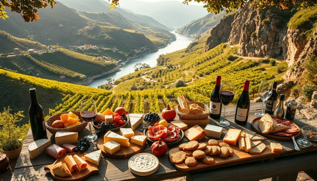 A picturesque outdoor scene along the banks of the Douro River in Portugal's Douro Valley. In the foreground, an array of traditional Portuguese delicacies are displayed on a rustic wooden table, including assorted cheeses, cured meats, fresh bread, and local wines. The middle ground features lush, rolling vineyards cascading down the hillsides, dotted with charming quintas (wine estates). In the background, the iconic Douro River winds through the dramatic, terraced landscape, with rugged, sun-dappled cliffs rising on either side. Warm, golden light filters through the scene, creating a cozy, inviting atmosphere that captures the essence of the Douro Valley's celebrated culinary heritage.