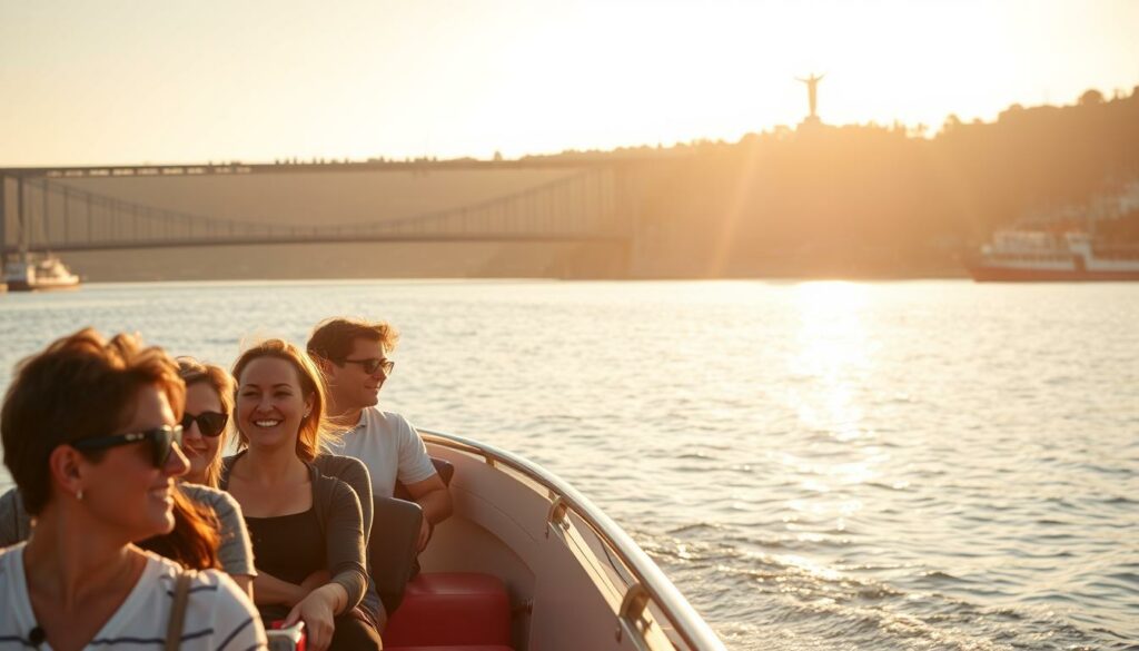 A picturesque river landscape with the Ponte 25 de Abril bridge and the Christ the King statue in the background. In the foreground, a group of people leisurely enjoying a boat tour on the Tagus River, their faces filled with a sense of carefree relaxation. The tour boat is sleek and modern, with a flexible cancellation policy prominently displayed on its side. Warm, golden lighting casts a soft, inviting glow over the scene, creating a tranquil and serene atmosphere. The overall composition conveys the flexibility and enjoyment of a Lisbon river tour experience.
