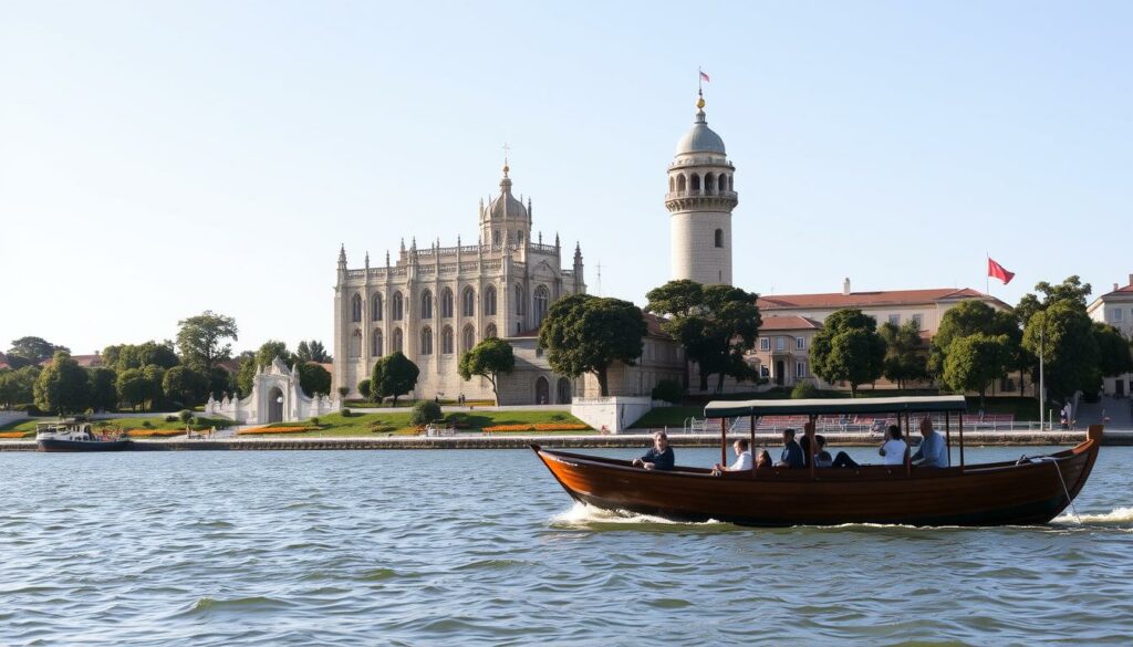 A picturesque scene of historic Belém, Portugal, captured from the tranquil waters of the Tagus River. In the foreground, a traditional wooden boat gently glides across the rippling surface, its passengers admiring the iconic landmarks on the riverbank. The majestic Jerónimos Monastery, a UNESCO World Heritage site, stands tall and proud, its ornate Gothic architecture bathed in warm, golden sunlight. In the middle ground, the iconic Belém Tower, a symbol of Portugal's maritime exploration, rises elegantly against a cloudless sky. The background is dominated by the lush, verdant gardens and tree-lined promenades, creating a serene and inviting atmosphere. The overall composition evokes a sense of timeless elegance and the rich cultural heritage of this historic city.