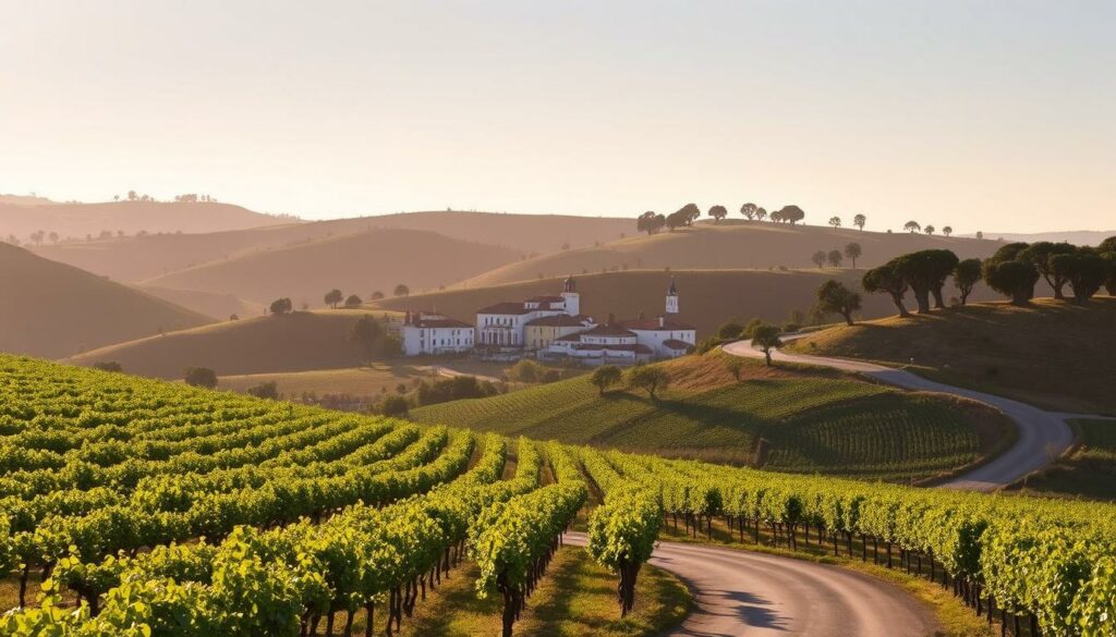 A picturesque scene of the Azeitão region, the land of wines and cheeses. In the foreground, a winding road leads through lush vineyards, their rows of vines casting long shadows in the golden afternoon light. In the middle ground, a quaint village nestled among rolling hills, its whitewashed buildings and terracotta roofs gleaming. In the background, the silhouettes of ancient olive trees dot the horizon, their gnarled trunks a testament to the region's rich history. The mood is one of tranquility and rustic charm, inviting the viewer to imagine the practical travel tips that might await in this idyllic corner of the world.