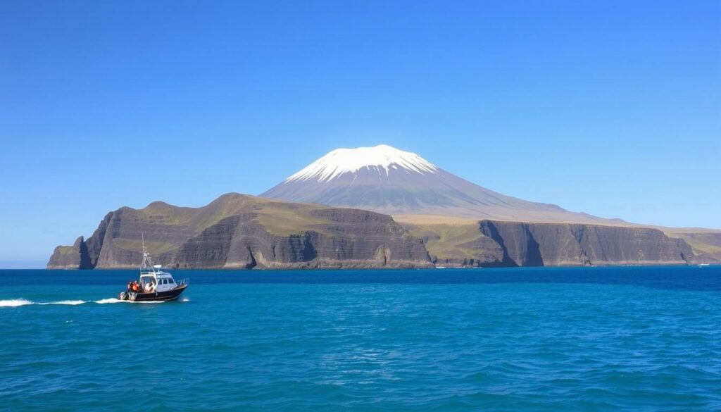 A picturesque scene of whale watching in the pristine waters off the coast of Lajes do Pico on the island of Pico in the Azores. In the foreground, a small boat gently glides across the calm, azure sea, its passengers eagerly scanning the horizon for the majestic giants of the deep. The middle ground features the rugged, volcanic cliffs of the island, their dark hues contrasting beautifully with the bright blue sky above. In the background, the iconic silhouette of Mount Pico, the highest mountain in Portugal, rises majestically, its snow-capped peak catching the warm, golden light of the setting sun. The atmosphere is one of tranquility and wonder, inviting the viewer to imagine the thrill of witnessing these magnificent creatures in their natural habitat.