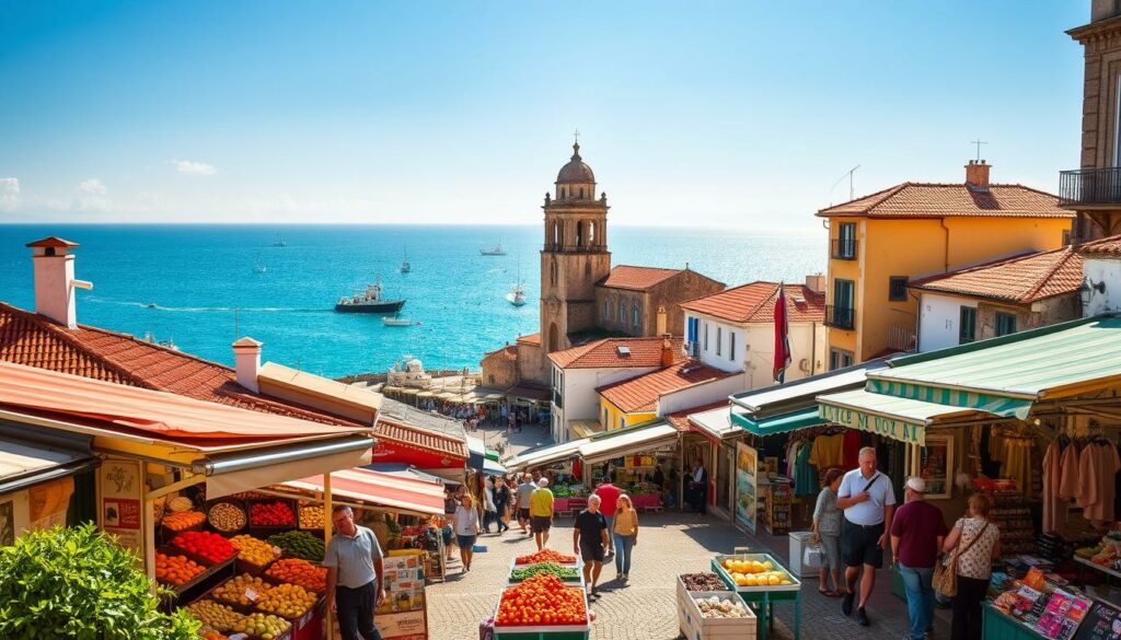 A picturesque seaside town in Portugal, its colorful buildings and cobblestone streets bathed in the warm glow of the Mediterranean sun. In the foreground, a vibrant local market stalls overflowing with fresh produce and artisanal goods. Residents and tourists mingle, bargaining and sampling the regional specialties. In the middle ground, a historic church tower rises majestically, its intricate architecture a testament to Portugal's rich cultural heritage. The background reveals the sparkling azure waters of the Atlantic, dotted with traditional fishing boats gently swaying in the breeze. This serene coastal scene captures the essence of Portugal's distinct seasons and the ebb and flow of tourism that shapes its prices throughout the year.