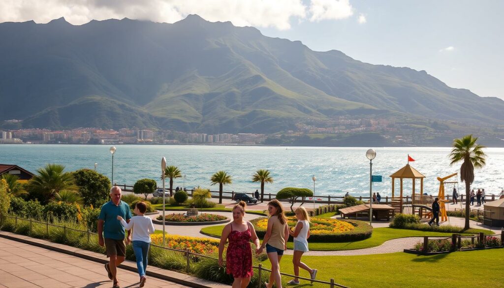 A picturesque seaside town on the lush, verdant island of Madeira. In the foreground, a family of four enjoys a leisurely stroll along the promenade, taking in the breathtaking views of the sparkling Atlantic Ocean. In the middle ground, children playfully explore a charming seaside park, complete with vibrant flower gardens and a whimsical playground. In the background, the dramatic mountainous landscape provides a stunning natural backdrop, bathed in warm, golden sunlight. The overall atmosphere is one of tranquility, relaxation, and the perfect setting for a family-friendly adventure.