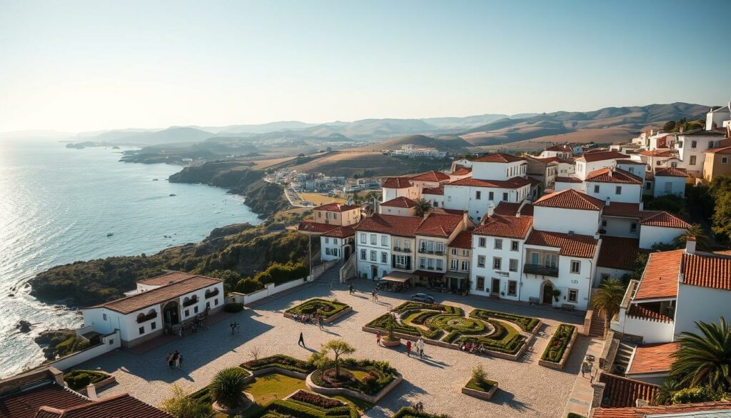 A picturesque seaside village nestled along the rugged Portuguese coastline, its whitewashed buildings and terracotta roofs bathed in the warm glow of the afternoon sun. In the foreground, a charming town square dotted with cobblestone pathways and lush gardens, where locals and visitors mingle, creating a vibrant, lively atmosphere. In the distance, rolling hills and vineyards stretch out, framing the scene with a sense of tranquility and natural beauty. The overall mood is one of timeless elegance and romance, perfectly suited for a magical wedding celebration. Captured through a wide-angle lens, the image conveys a sense of depth and grandeur, inviting the viewer to step into this enchanting Portuguese setting.