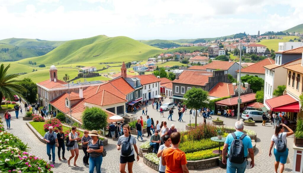 A picturesque spring scene in Madeira, Portugal during April. In the foreground, a group of locals and tourists engage in various outdoor activities - hiking along lush, flower-filled trails, exploring historic cobblestone streets, and relaxing in shaded plazas. The middle ground features colorful festival decorations, open-air markets, and people dining at quaint cafes. In the background, rolling green hills dotted with red-roofed buildings meet a bright azure sky, creating a warm, vibrant atmosphere. Soft, diffused natural lighting illuminates the scene, enhancing the sense of tranquility and joie de vivre. Captured with a wide-angle lens to showcase the bustling yet peaceful ambiance of Madeira in springtime.