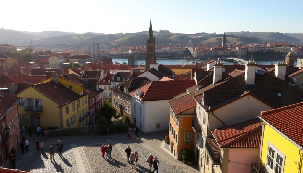 A picturesque view of Porto's historic cityscape on a warm August day. In the foreground, cobblestone streets wind past colorful townhouses with classic Portuguese tiled roofs. Locals and tourists mingle, pausing to admire the stunning Douro River and iconic bridges that span its waters. In the middle ground, towering church spires and the iconic Clérigos Tower rise above the rooftops, casting long shadows. The background features the rolling hills and vineyards that surround the city, bathed in golden afternoon light. The scene conveys the vibrant, walkable atmosphere of Porto, a perfect setting for an August vacation. Shoot with a wide-angle lens to capture the grandeur, using natural lighting to highlight the city's warm, historic character.