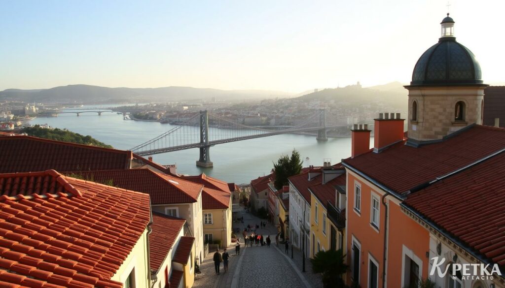 A picturesque view of the Miradouro de Santa Catarina in Lisbon, Portugal. The foreground showcases the charming tiled buildings and cobblestone streets, inviting visitors to stroll through the chilled-out atmosphere. In the middle ground, the iconic Ponte 25 de Abril bridge spans across the serene Tagus River, its rust-colored structure complementing the warm terracotta hues of the surrounding architecture. The background is dominated by the majestic hills and distant cityscape, bathed in the soft, golden light of the afternoon sun. The scene exudes a sense of tranquility and relaxation, perfectly capturing the essence of this beloved Miradouro.