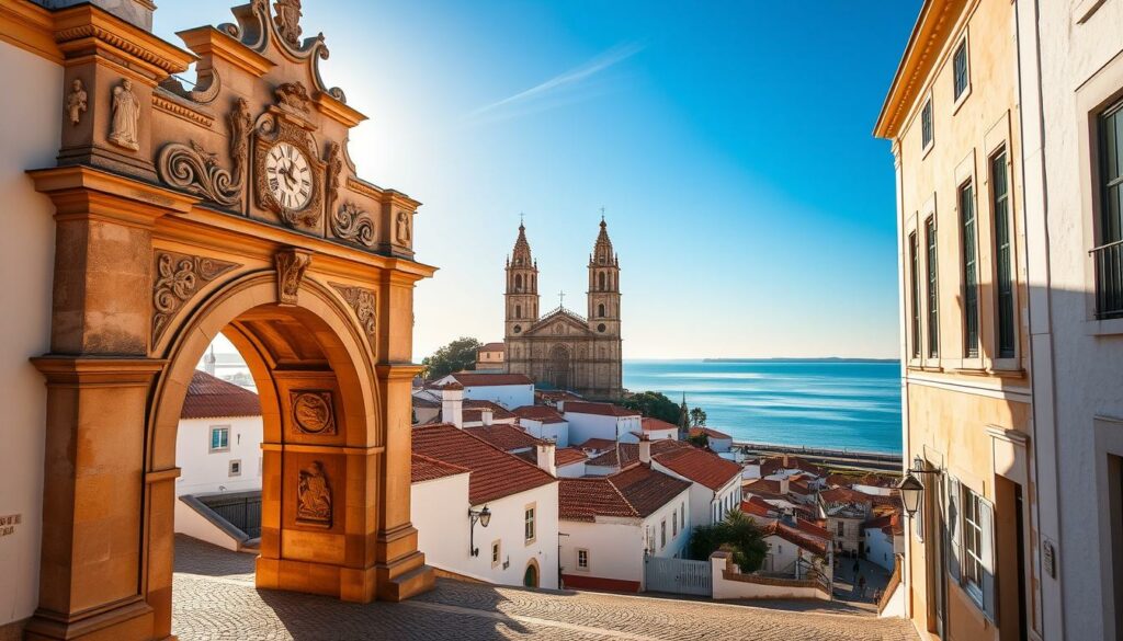A picturesque view of the historic capital of the Algarve region, Faro. In the foreground, the iconic Arco da Vila, a grand Triumphal arch adorned with intricate Baroque carvings, stands as the gateway to the charming old town. The sun casts a warm, golden glow across the scene, illuminating the traditional whitewashed buildings and cobblestone streets. In the middle ground, the Sé de Faro, a magnificent 13th-century cathedral, rises majestically, its towering spires and ornate facade a testament to the region's rich architectural heritage. In the background, the serene waters of the Ria Formosa lagoon stretch out, their tranquil reflections merging with the azure sky. An atmosphere of timeless elegance and historical significance pervades the image, capturing the essence of Faro as the historic heart of the Algarve.