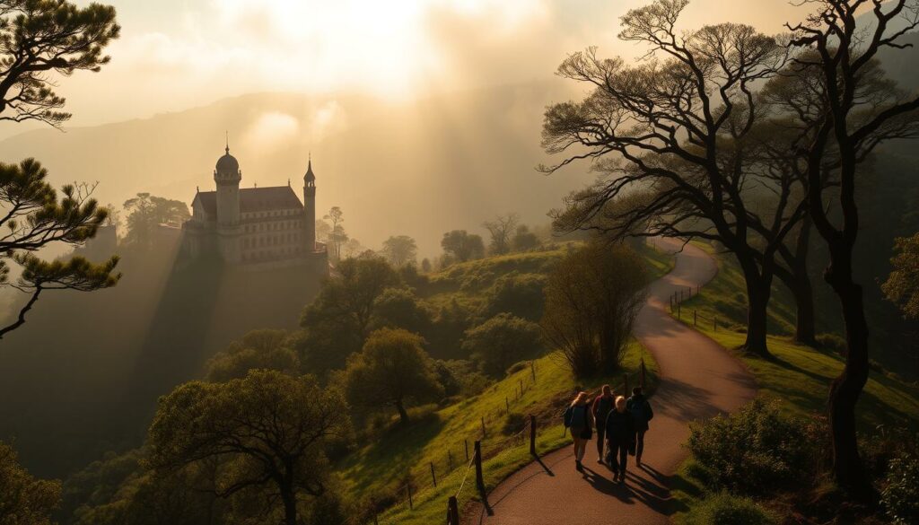 A picturesque winding road winds through the lush, verdant hills of Sintra, Portugal. Towering, mist-shrouded castles and palaces dot the landscape, their stately silhouettes emerging from the fog. Sunlight filters through the canopy of ancient trees, casting a warm, golden glow over the scene. In the foreground, a group of hikers traverses the meandering path, their figures silhouetted against the breathtaking vistas. The atmosphere is one of enchantment and timeless wonder, inviting the viewer to explore the magical realm of Sintra.