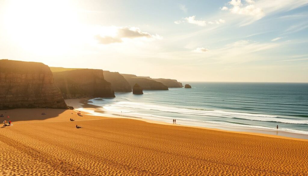 A pristine coastal landscape in Braga, Portugal, showcasing its magnificent beaches. In the foreground, golden sand stretches out, dotted with colorful beach umbrellas and sunbathers enjoying the sun's warm embrace. The middle ground features gently lapping waves, their soothing rhythm creating a calming ambiance. In the background, rugged cliffs rise, their weathered faces reflecting the region's timeless beauty. Warm, golden sunlight filters through wispy clouds, casting a soft, enchanting glow over the entire scene. The image captures the essence of Braga's proximity to the sea, inviting the viewer to explore these picturesque shorelines.